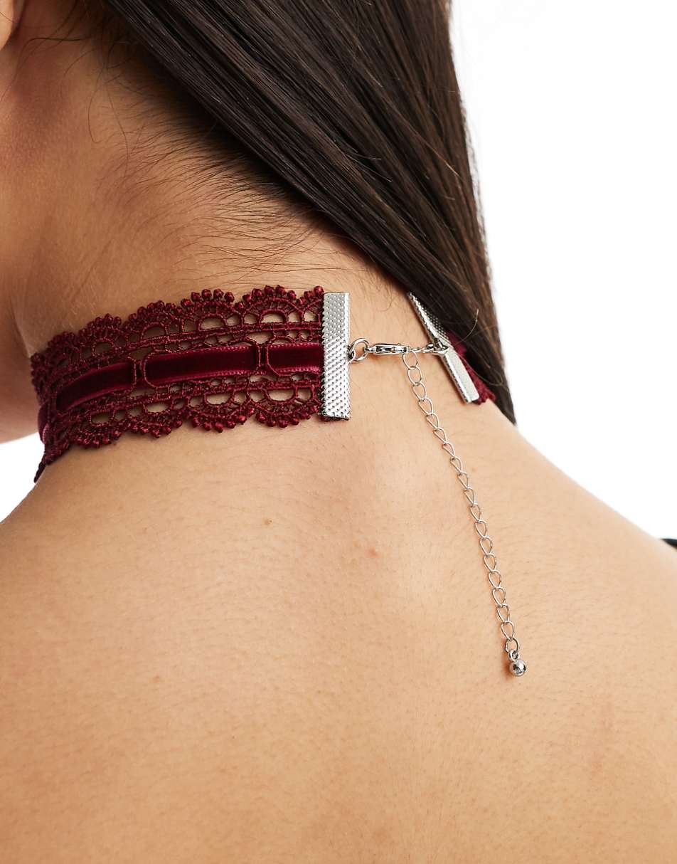 ASOS DESIGN Halloween choker necklace with lace and velvet detail in burgundy