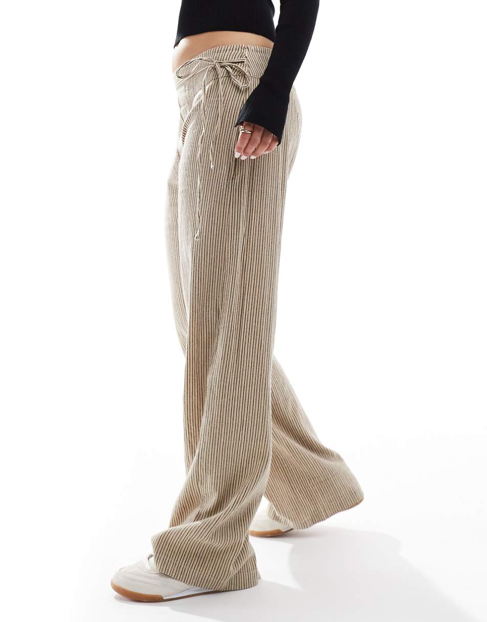 Pull&Bear tie detail waist pants in sand stripe