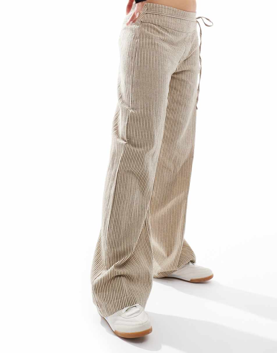 Pull&Bear tie detail waist pants in sand stripe