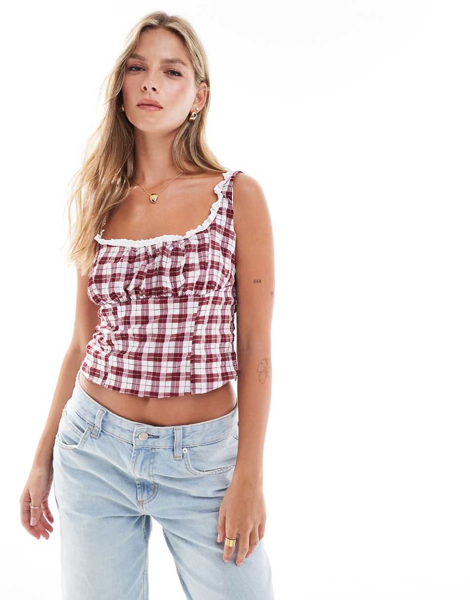 Bershka lace trim milkmaid top in burgundy check