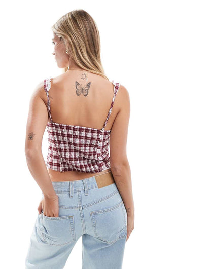 Bershka lace trim milkmaid top in burgundy check