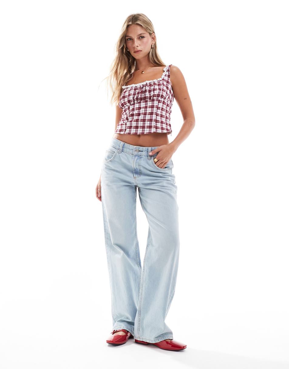 Bershka lace trim milkmaid top in burgundy check