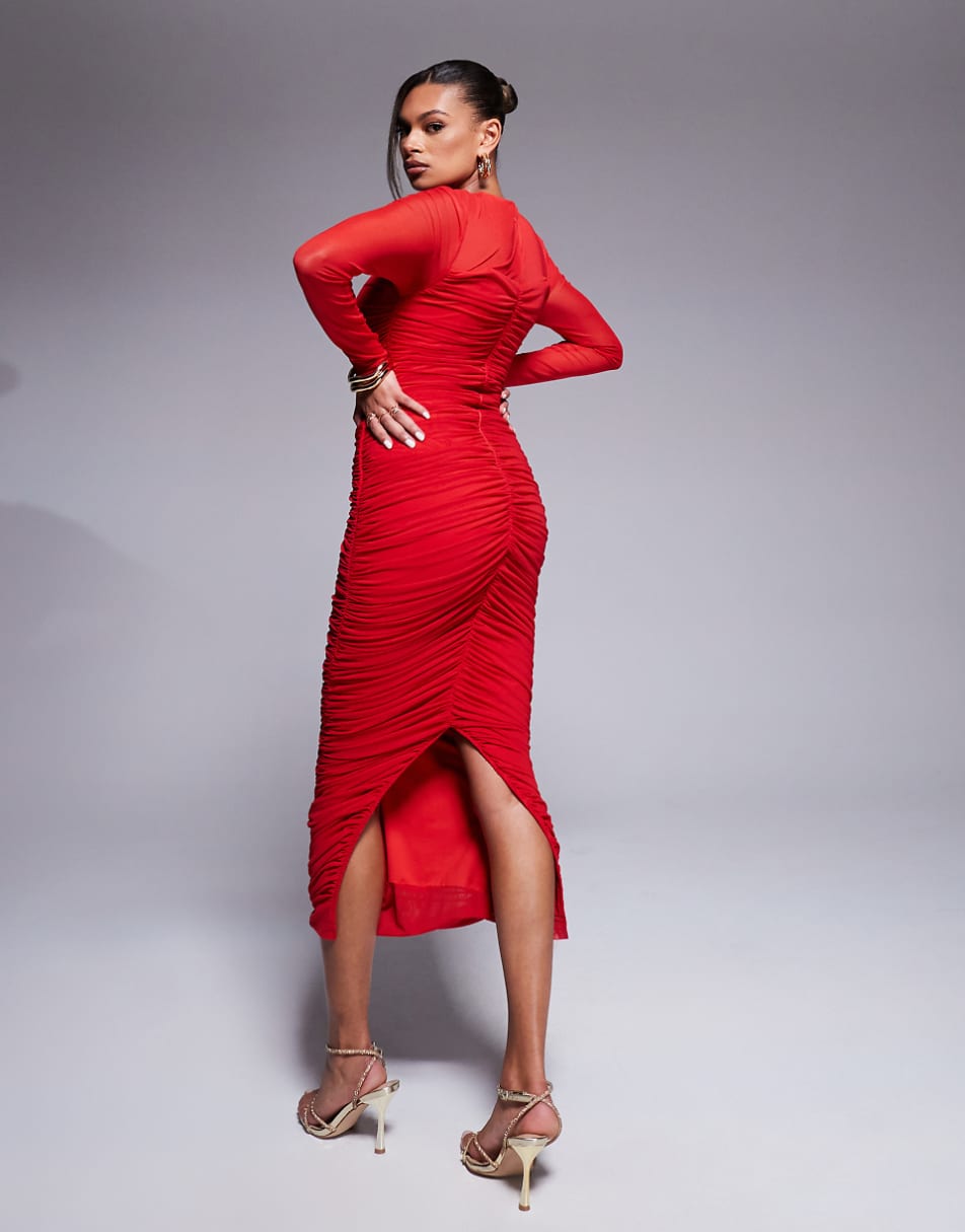 Taideux fuller bust Genevieve asymmetric mesh corset maxi dress with ruching in red