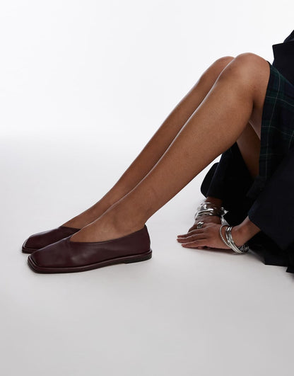 Topshop Charlotte leather square toe unlined flat shoes in burgundy