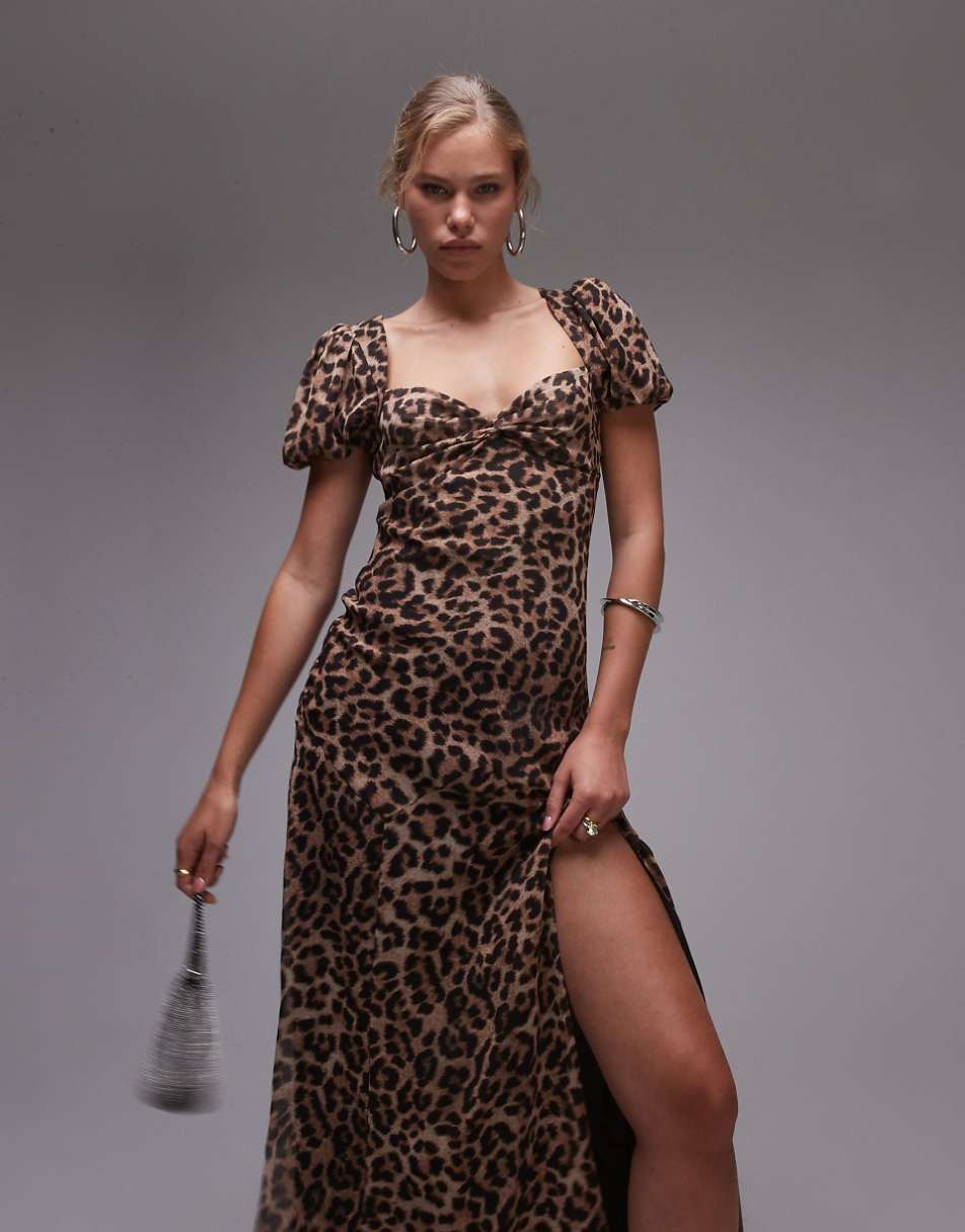 Topshop ruched sleeve occasion dress in animal print