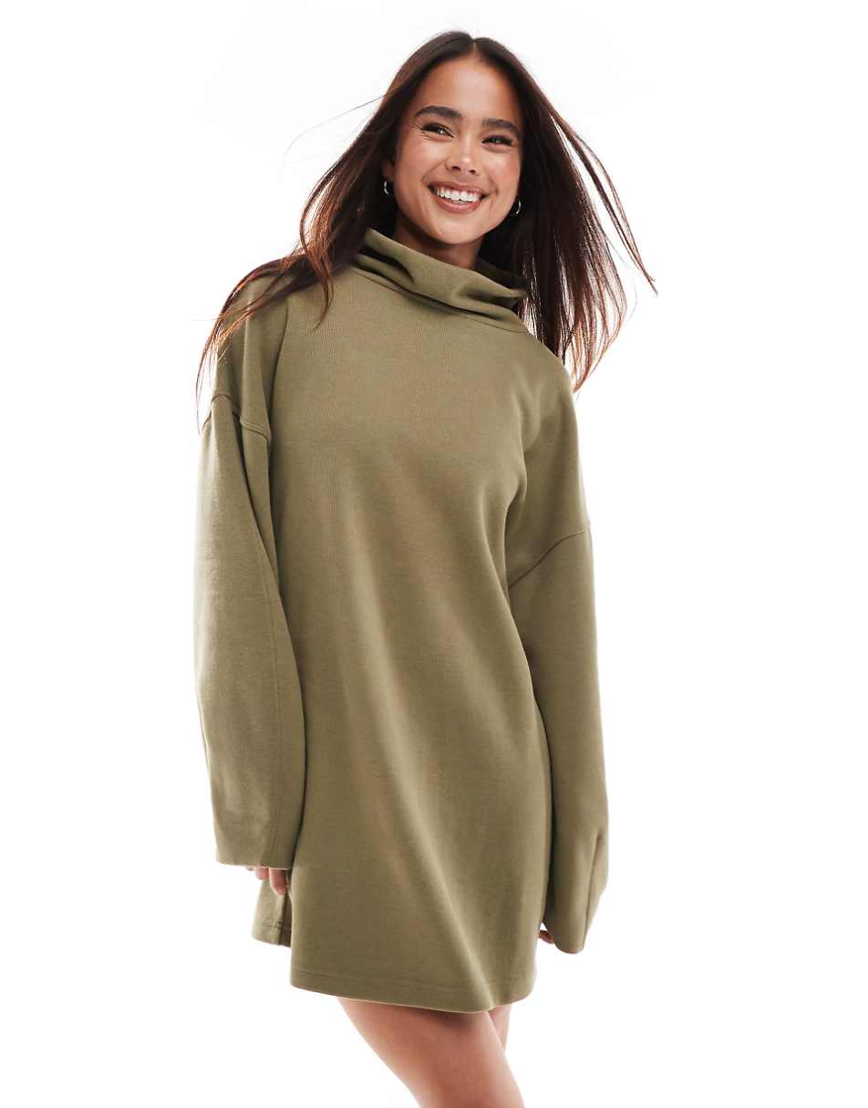 ASOS DESIGN Supersoft cocoon sleeve funnel neck mini dress in khaki