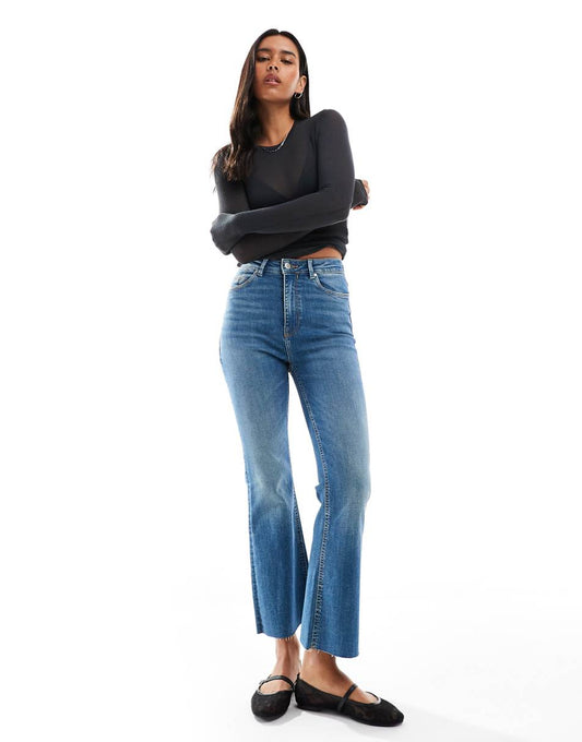 Stradivarius cropped flared jeans in medium wash blue