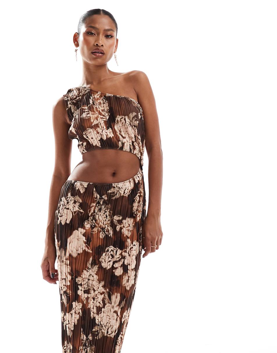 ASOS DESIGN cut-out one-shoulder plisse midi dress in brown floral print