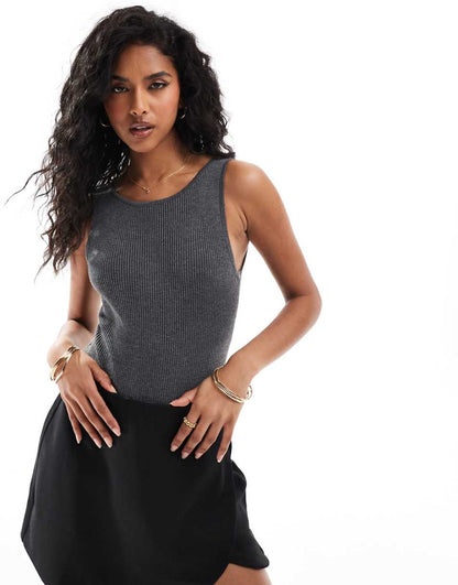 Bershka bow back knitted bodysuit in gray