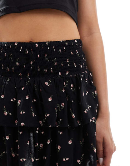 Bershka tiered mini rara skirt in black floral