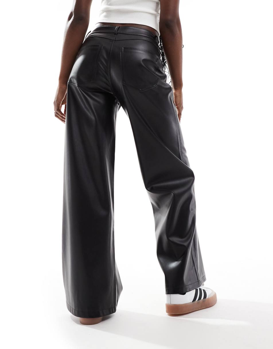 Stradivarius wide leg faux leather pants in black