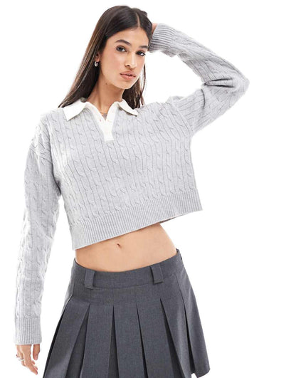 Bershka cable knit contrast collar sweater in gray & ecru