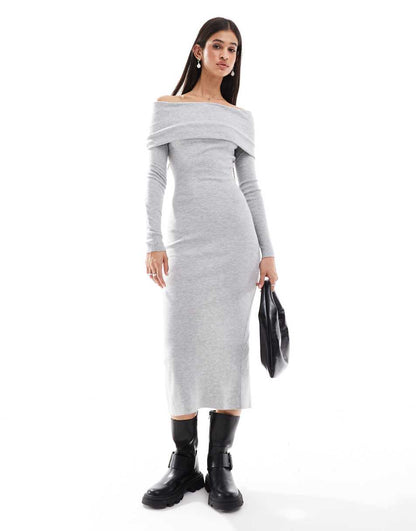 Bershka knit bardot midi dress in gray
