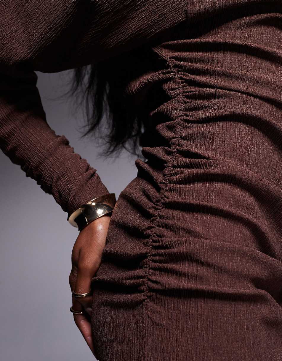 ASOS DESIGN textured slash neck draped midi dress in chocolate