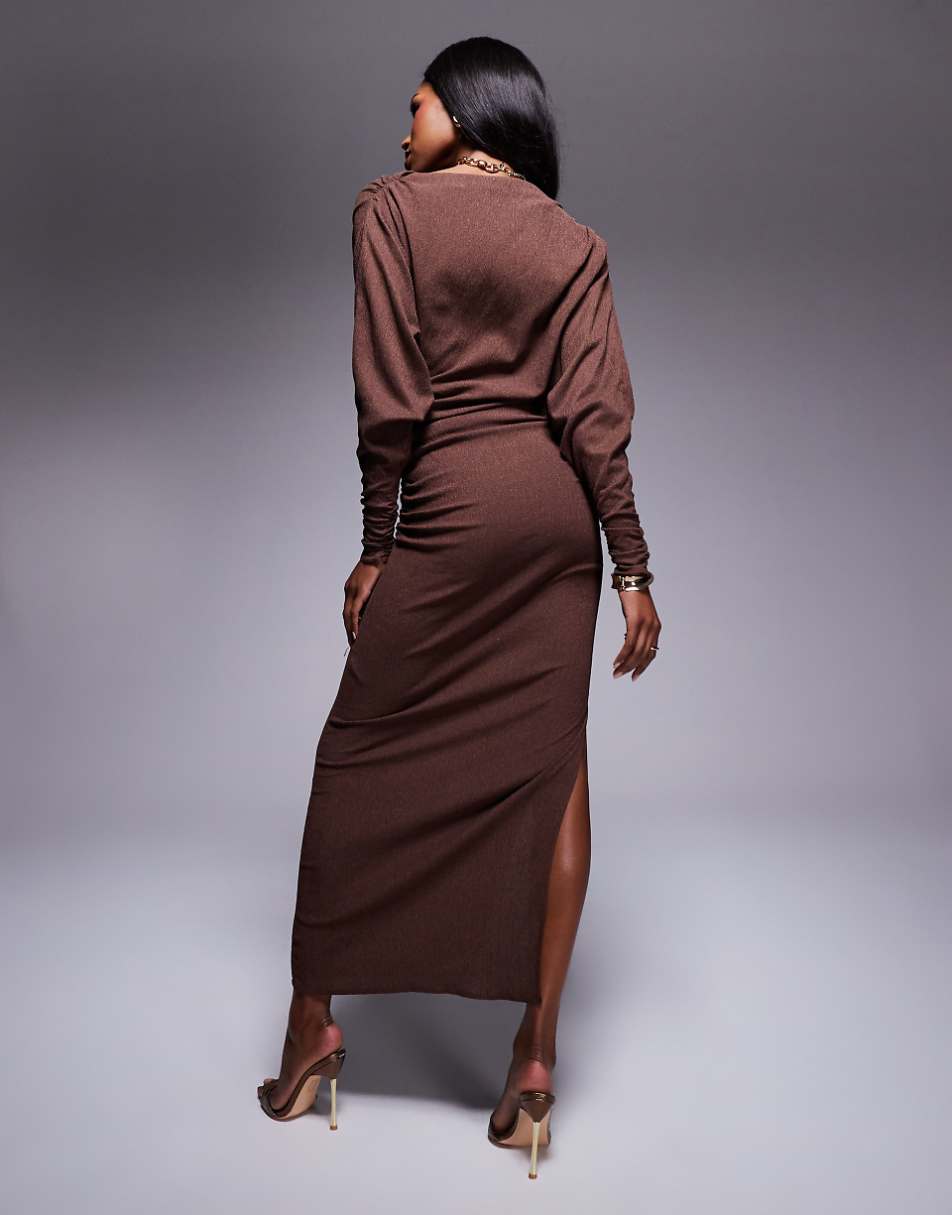 ASOS DESIGN textured slash neck draped midi dress in chocolate