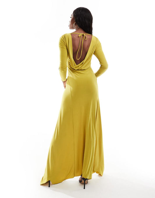 ASOS DESIGN drape back long sleeve maxi dress with godet hem detail in lime