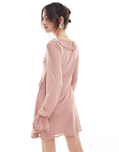 Miss Selfridge frill detail long sleeve mini dress in blush