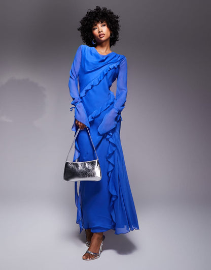 Daska chiffon ruffle maxi dress in cobalt blue