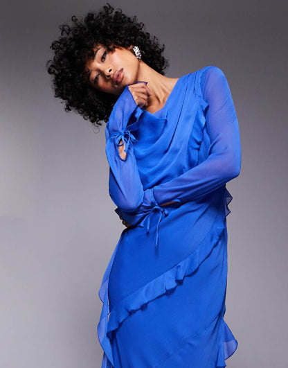 Daska chiffon ruffle maxi dress in cobalt blue