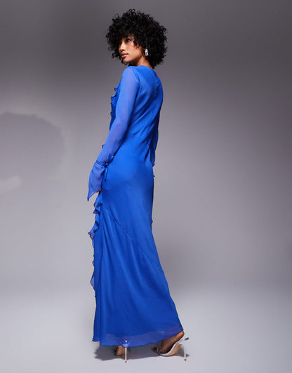 Daska chiffon ruffle maxi dress in cobalt blue