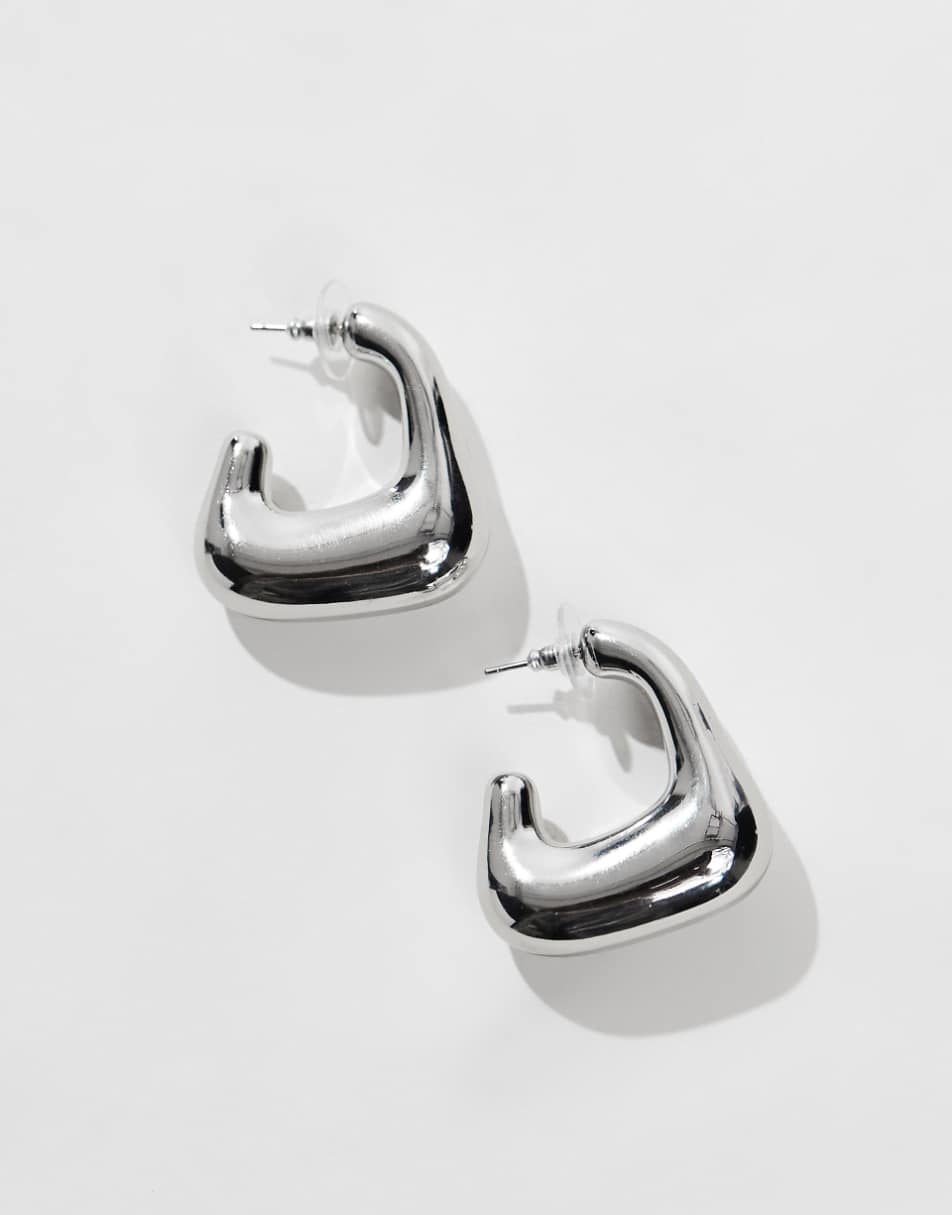 ASOS DESIGN hoop earrings with molten square detail in silver tone